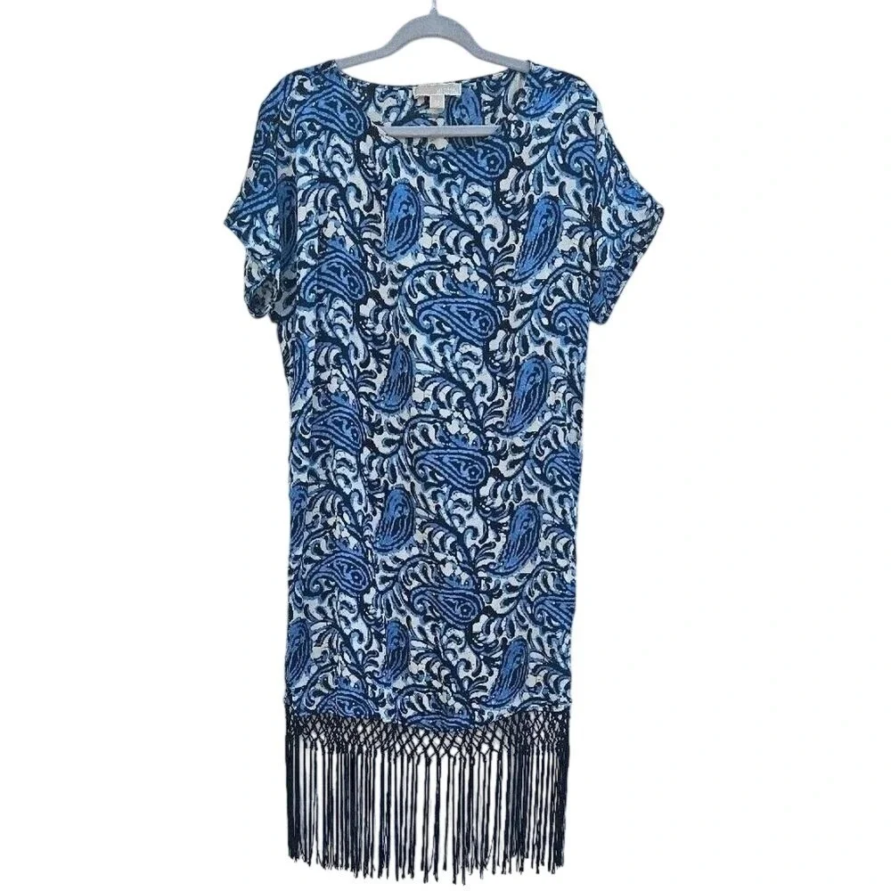 Michael Kors Fringe Trim Paisley Print Dress Womens XL Blue Batik Resort Summer - Picture 2 of 12